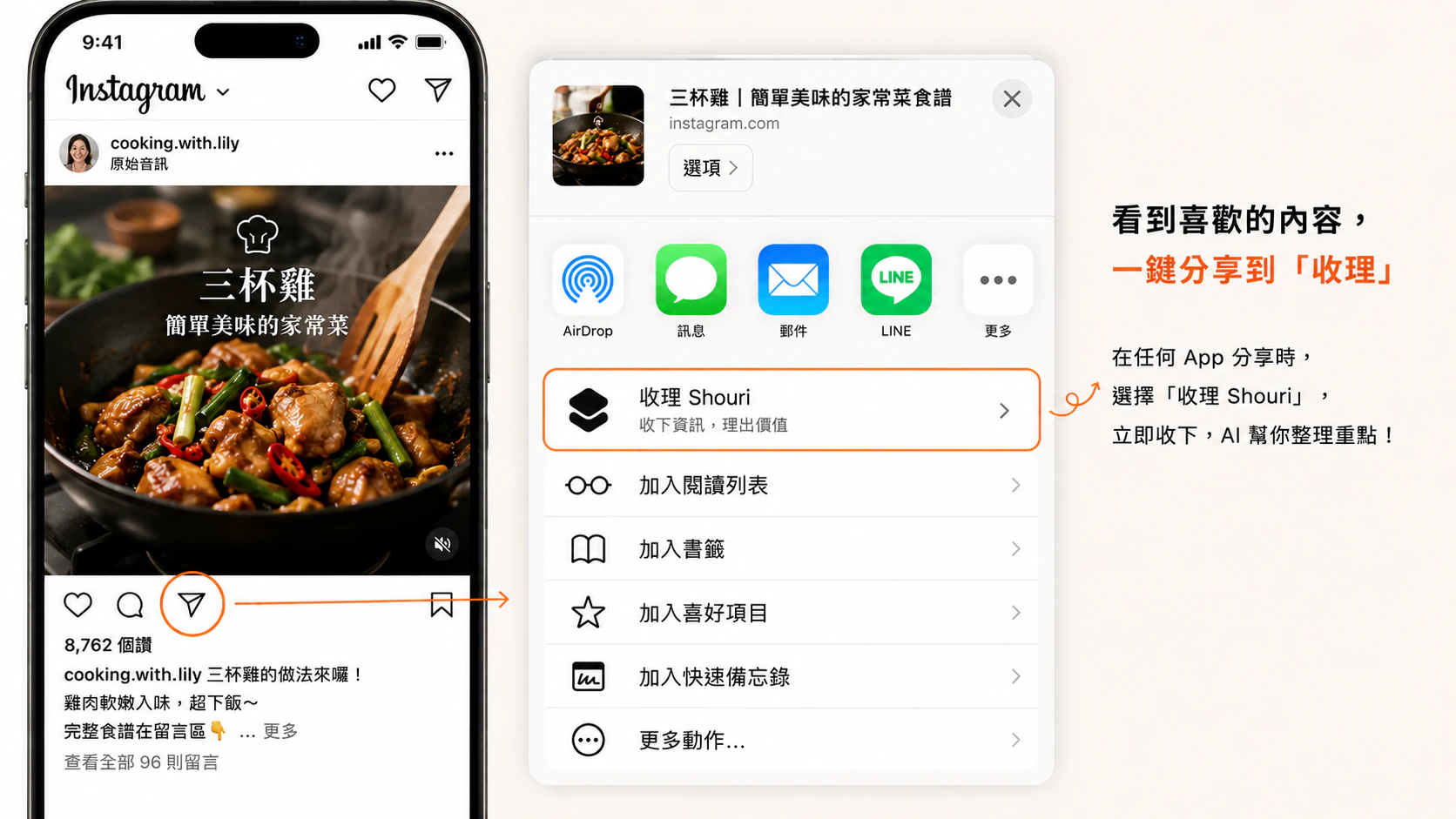 在 Instagram 貼文按分享，iOS 分享選單裡選擇「收理 Shouri」，內容就收下並交給 AI 整理